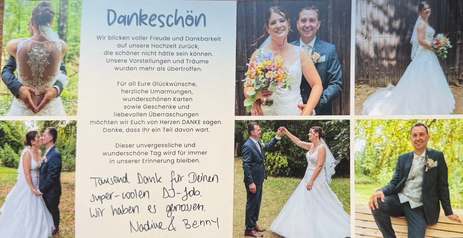 Handgeschriebene Dankeskarte von Nadine und Benny an Hochzeits-DJ Robin Hirte